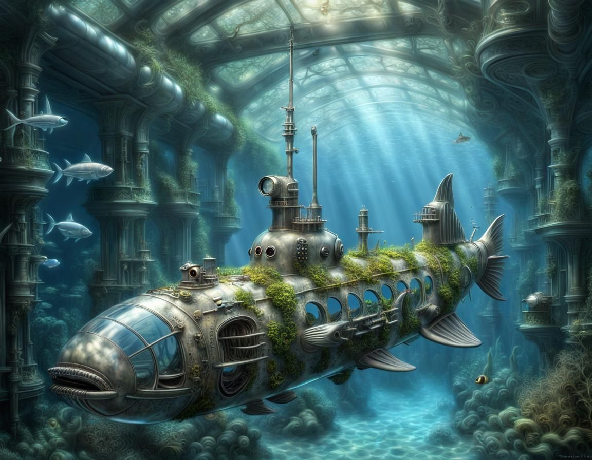 Fish-Shaped Submarine in Ethereal Underwater Scene