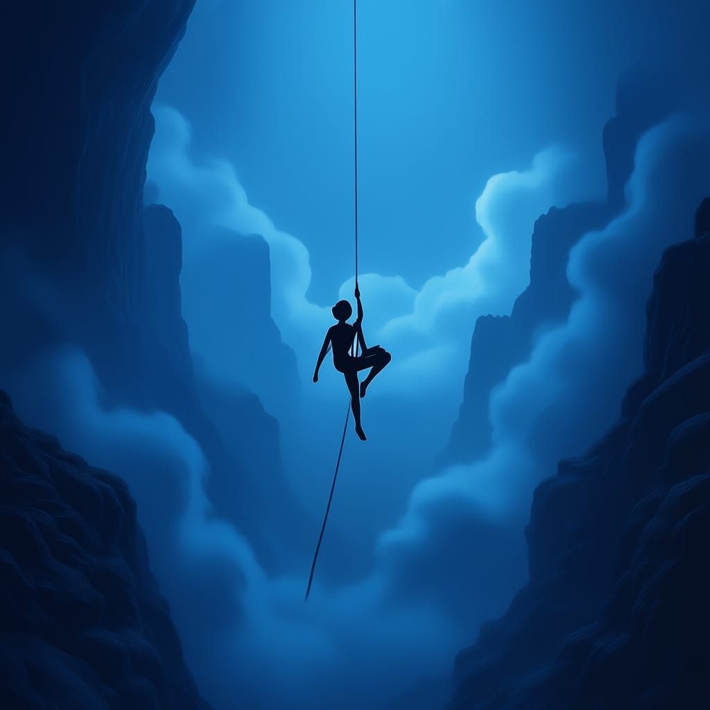 Figure Dangling Over Abyss on Spider Silk