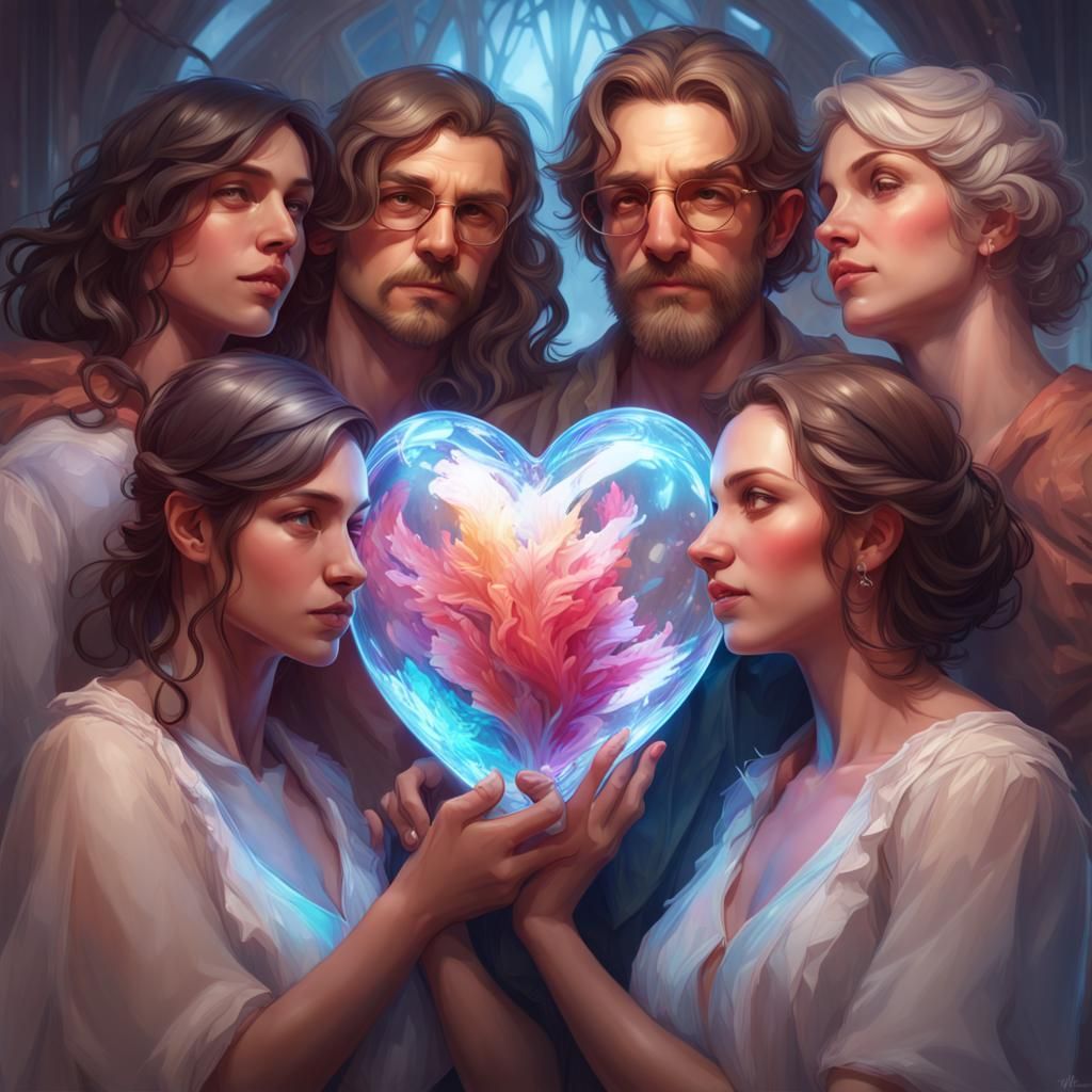 Glass Heart Holding Family: Detailed Digital Portrait