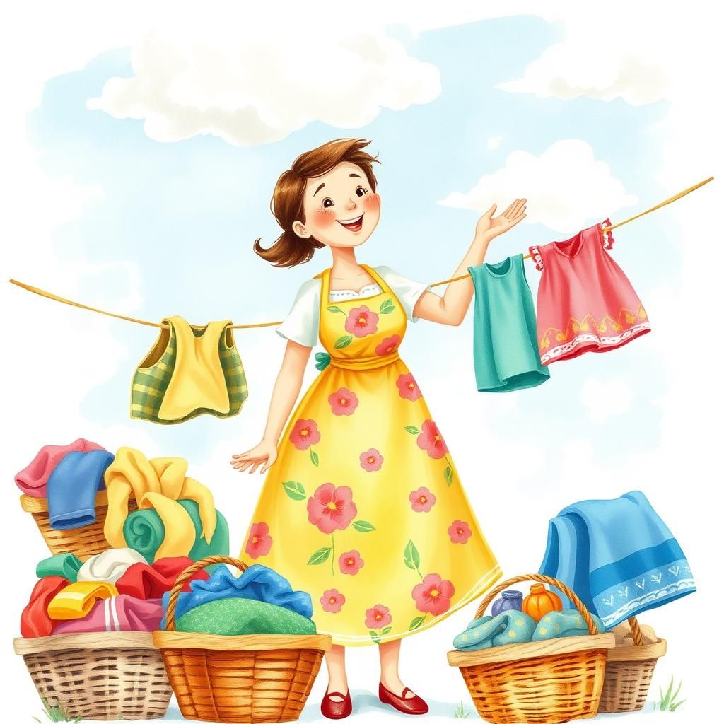 Joyful Laundry Day in Watercolour Cartoon Style