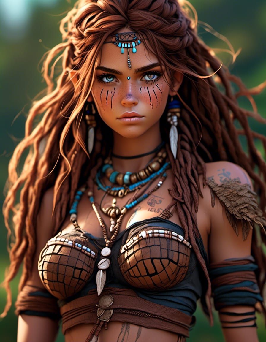 Tribal Hunter in Wilderness: Photorealistic 24K Portrait
