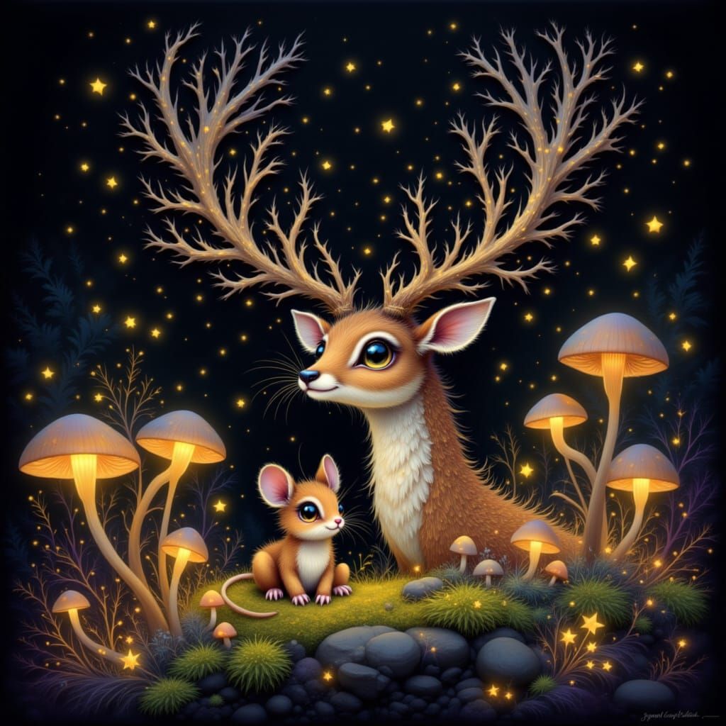 Deer and Mouse Embrace in Glowing Forest