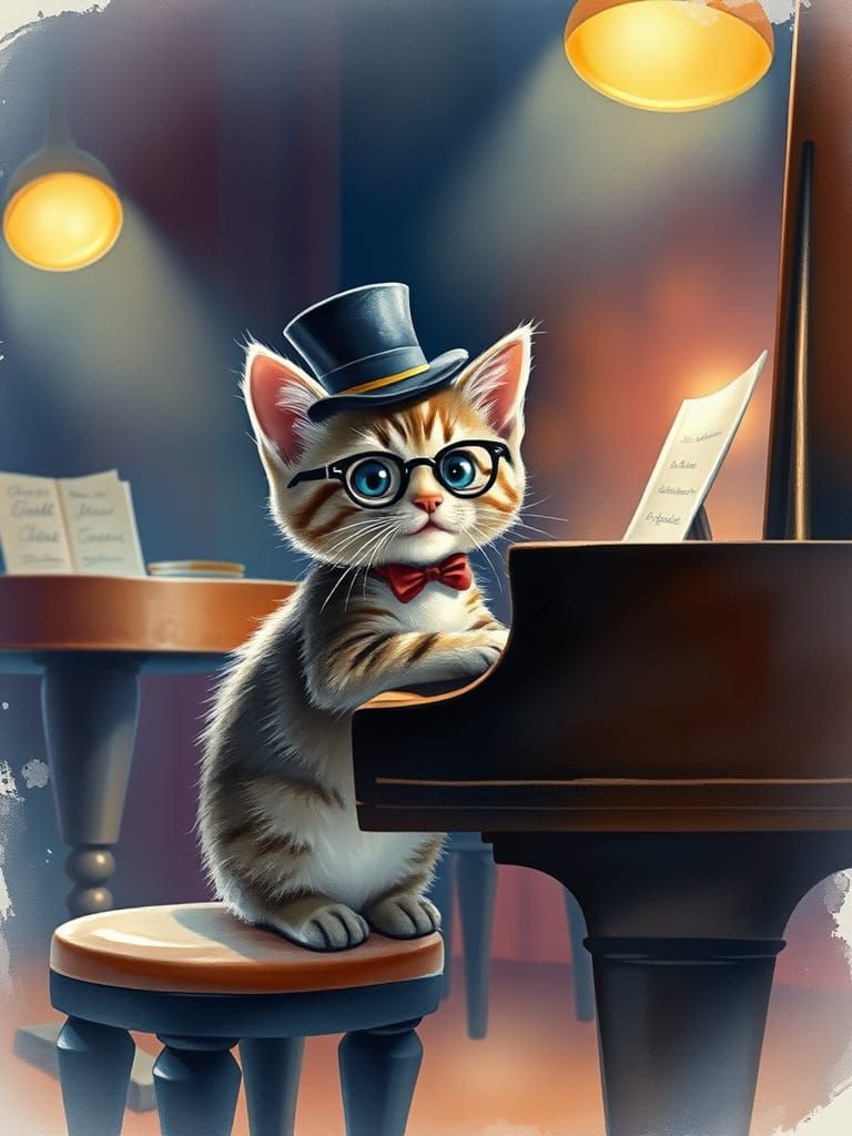 Whimsical Kitten Plays Jazz on Vintage Piano in Watercolor S...