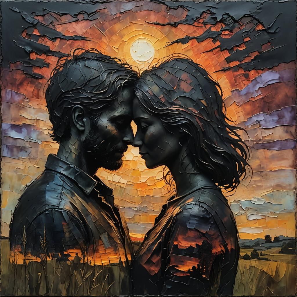 Encaustic Painting of Embracing Couple at Sunset