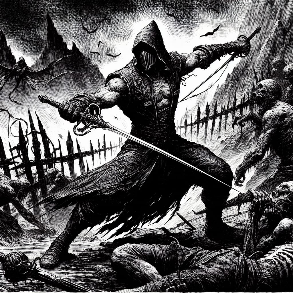 Brave Hero in Ink Style Mountain Battle