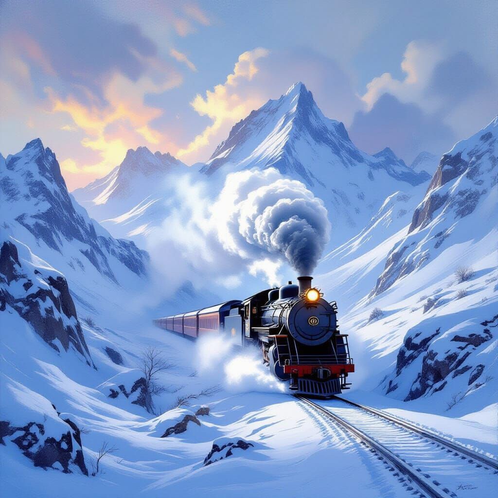 Frosty Locomotive in Dramatic Mountain Pass Oil Painting