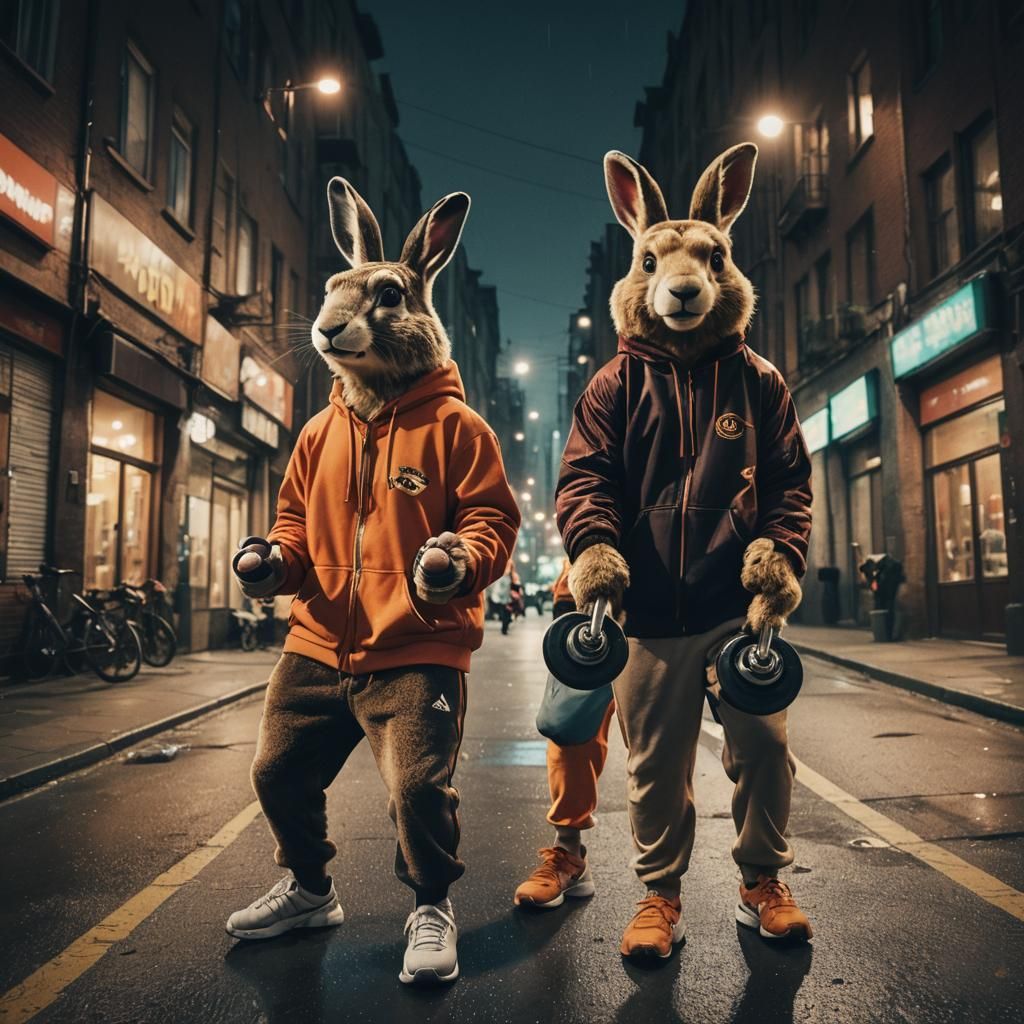 Hare and Bear Lift Weights: Cinematic Street Scene