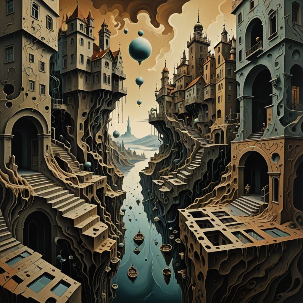 Surrealist Dreamscape with Distorted Time and Space