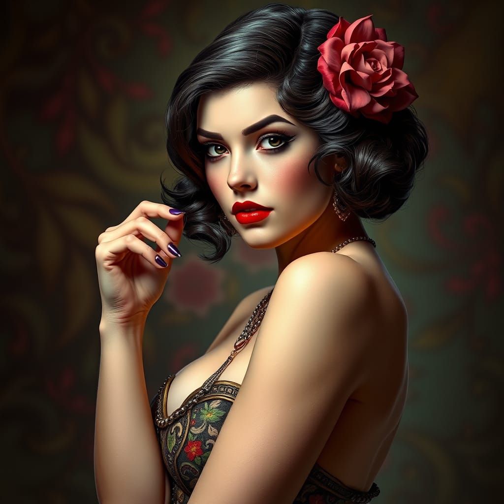 Glamorous 1920s Pin-Up Girl in Vibrant Fantasy Landscapes