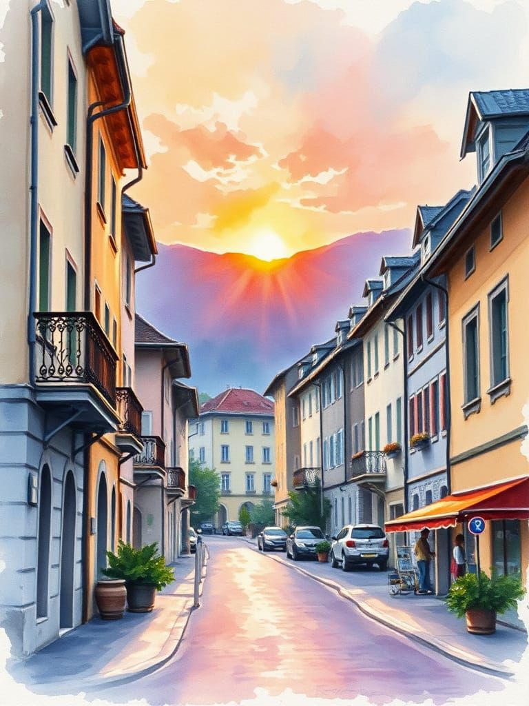 Impressionistic Sunrise over Swiss Landmark in Watercolor