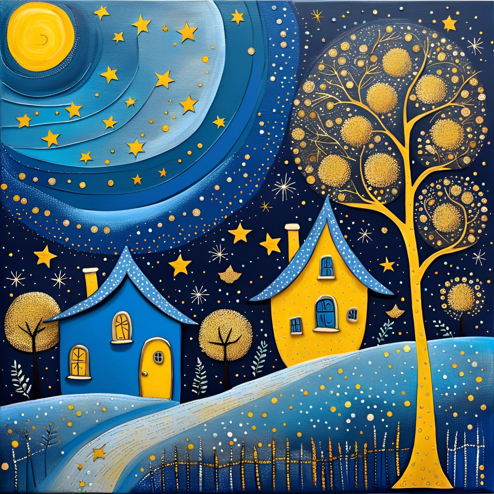 Blue Lunar Landscape with Cozy House, Art Brut