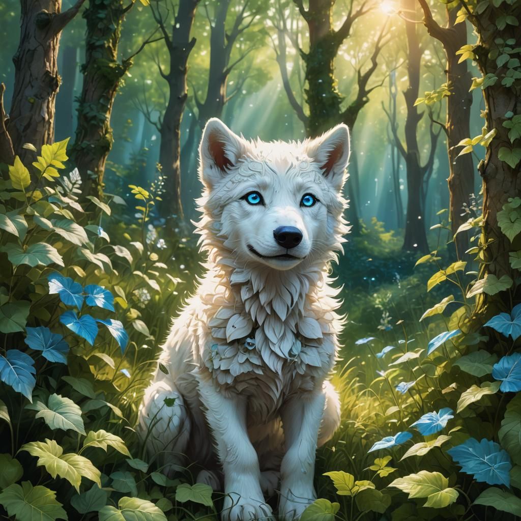Charming White Wolf Pup in Forest Meadow