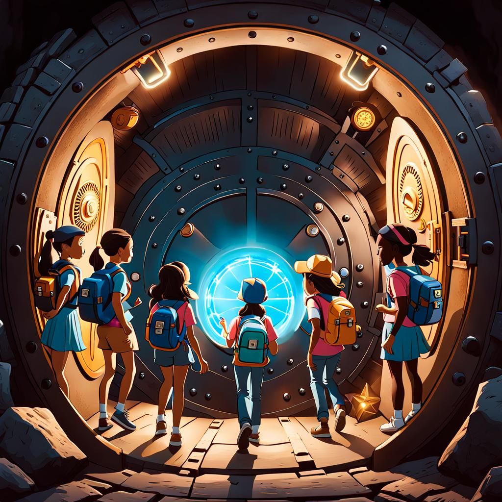 Kids Discover Mysterious Vault in Cartoon Style