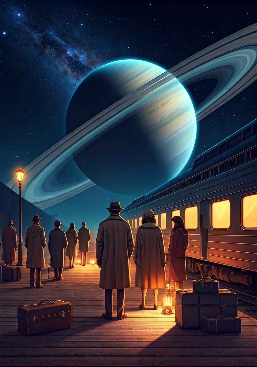 Timeless Space Travelers in 1960s Attire Admire Saturn-Like....