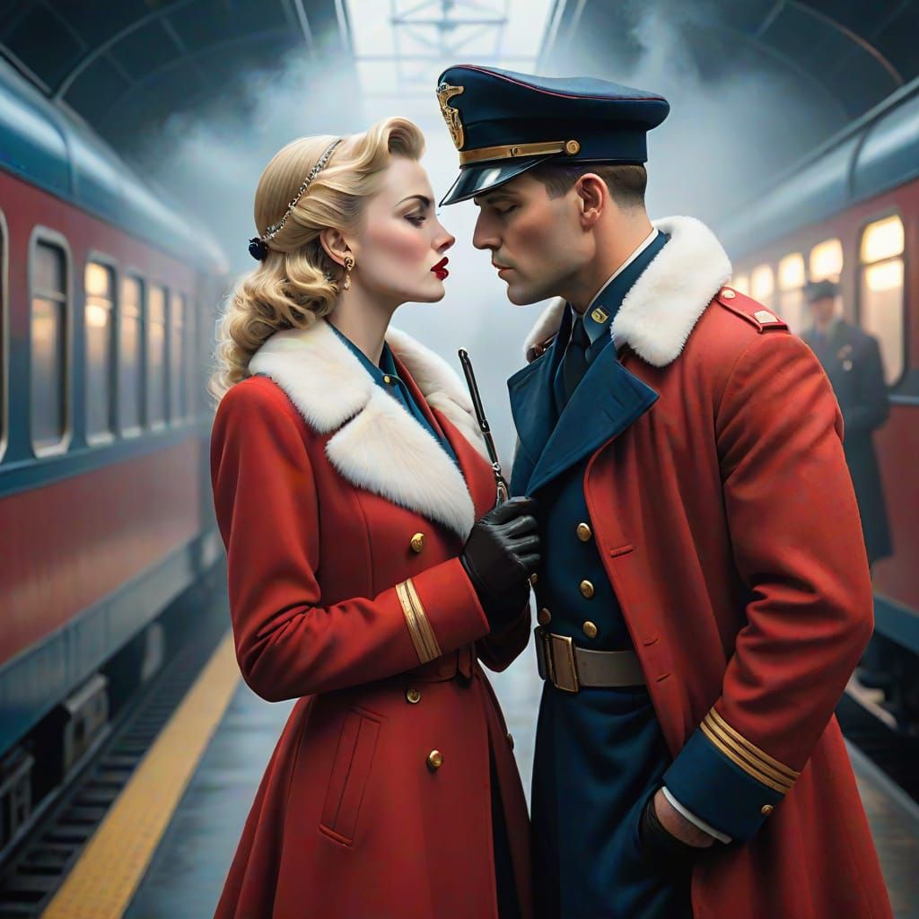Glamorous 1940s Film Noir Couple in a Foggy Train Station