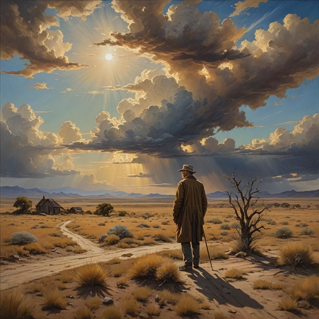 Forgotten Man in Dreamlike Oil Painting Landscape