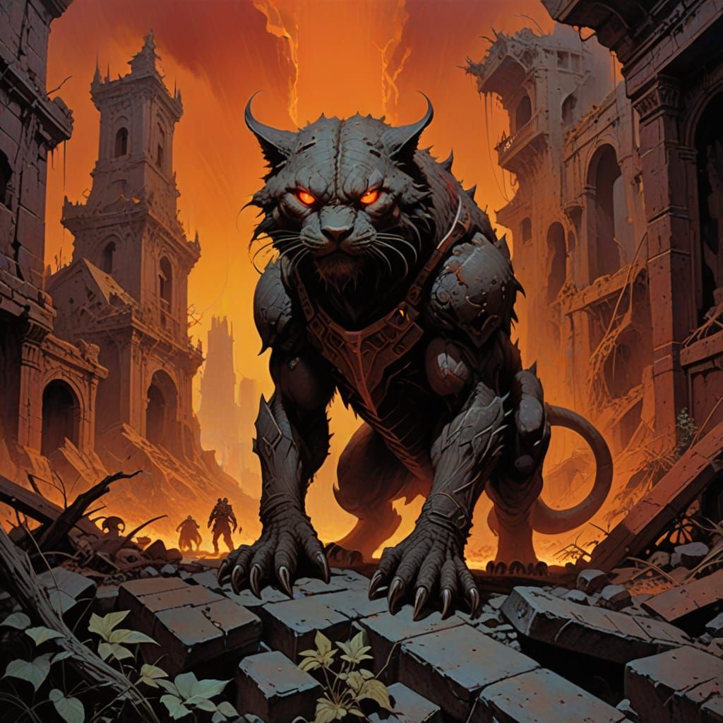 Giant Feline Prowls Ruins in Fantasy Art Style