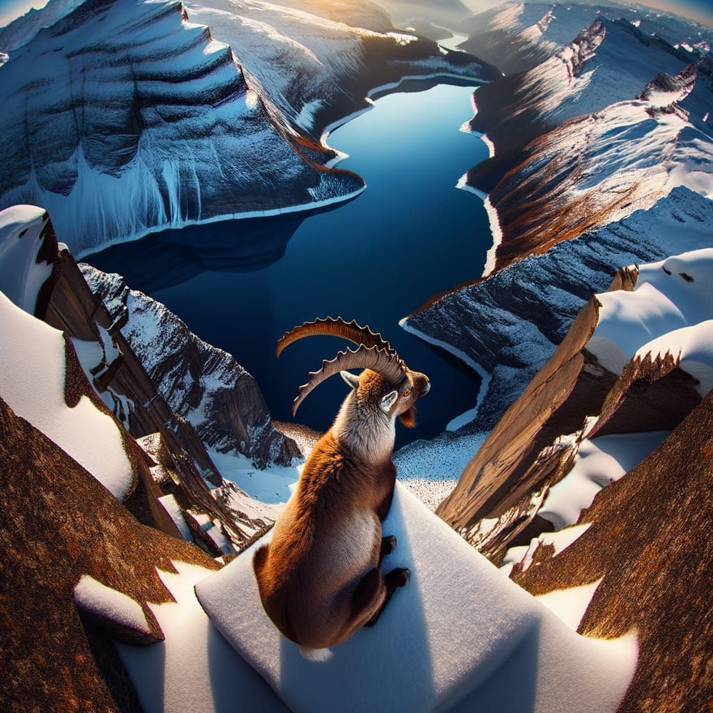 Ibex on Swiss Alps Summit at Sunset, Fish-Eye View