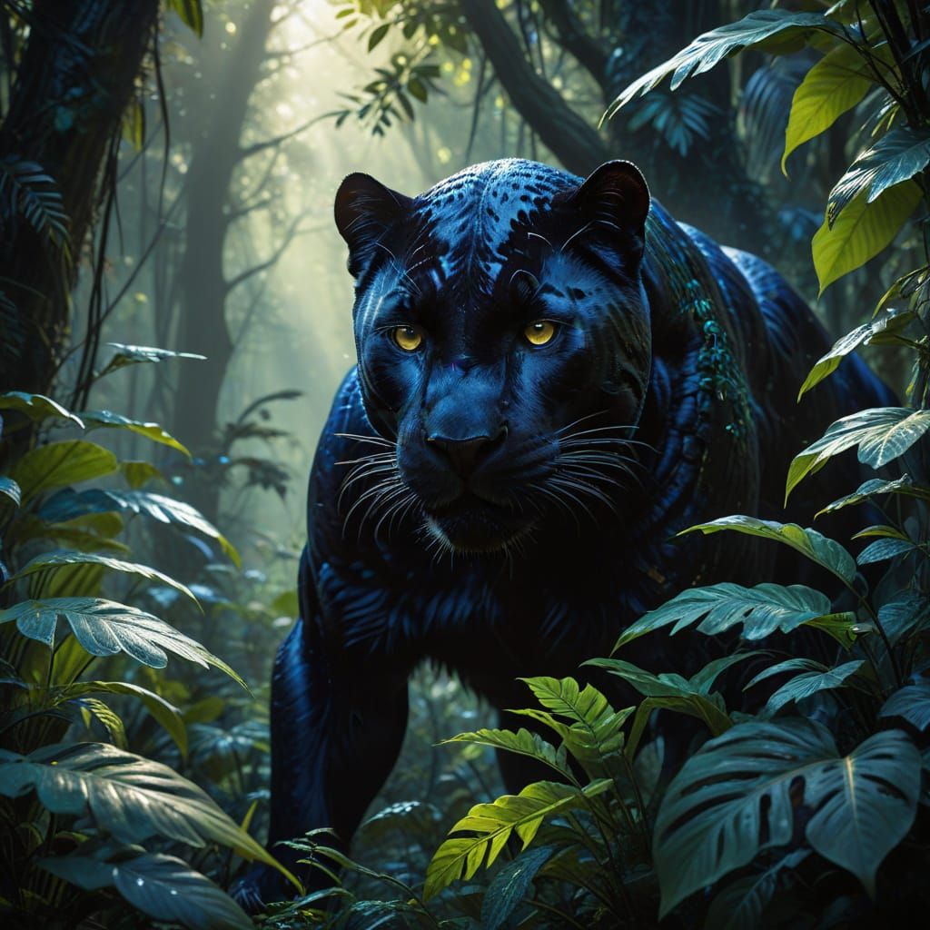 Black Panther Hiding in Jungle Foliage as Fine-Art Painting