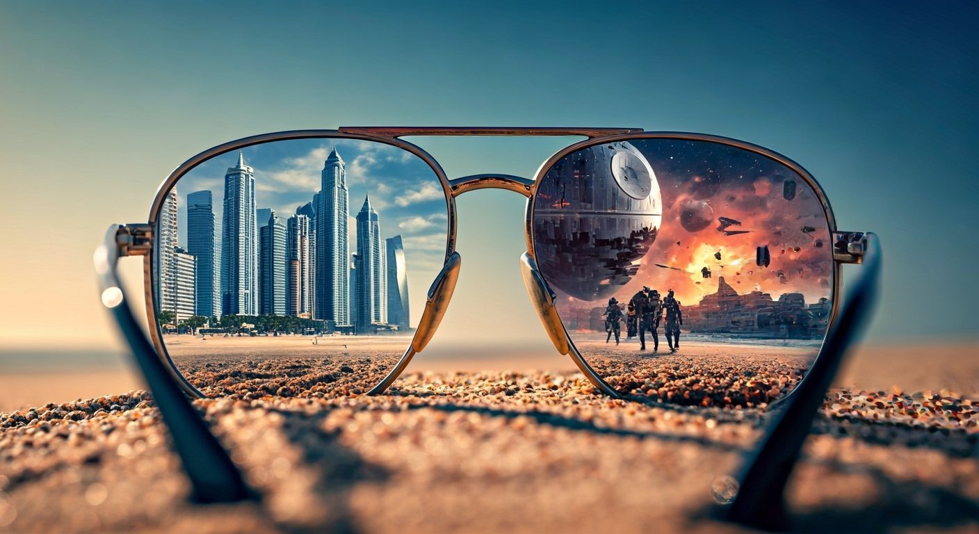 Cinematic Macro Shot: Sunglasses Reflecting Star Wars Battle