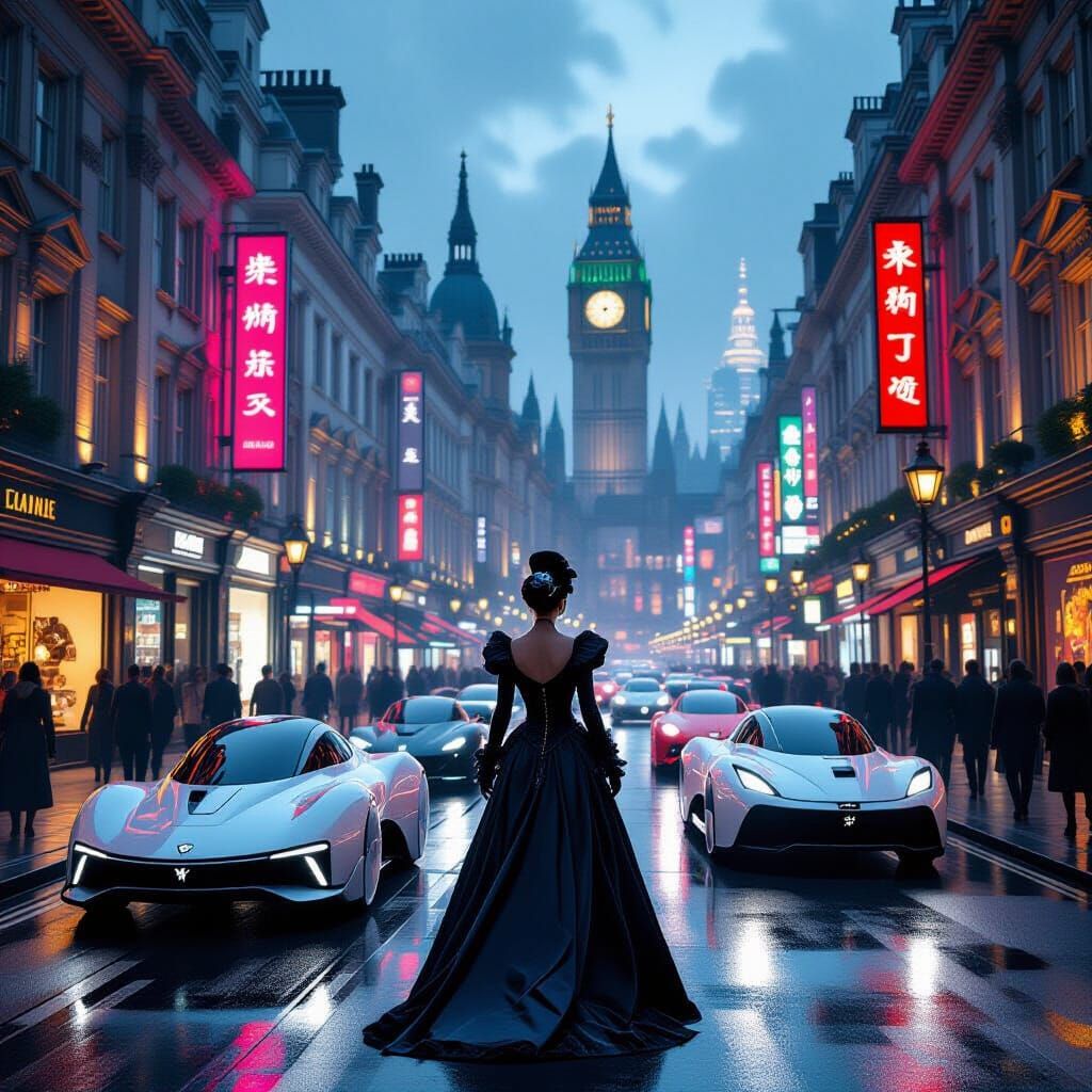 Victorian London Street with Hovercrafts in a Futuristic Sty...