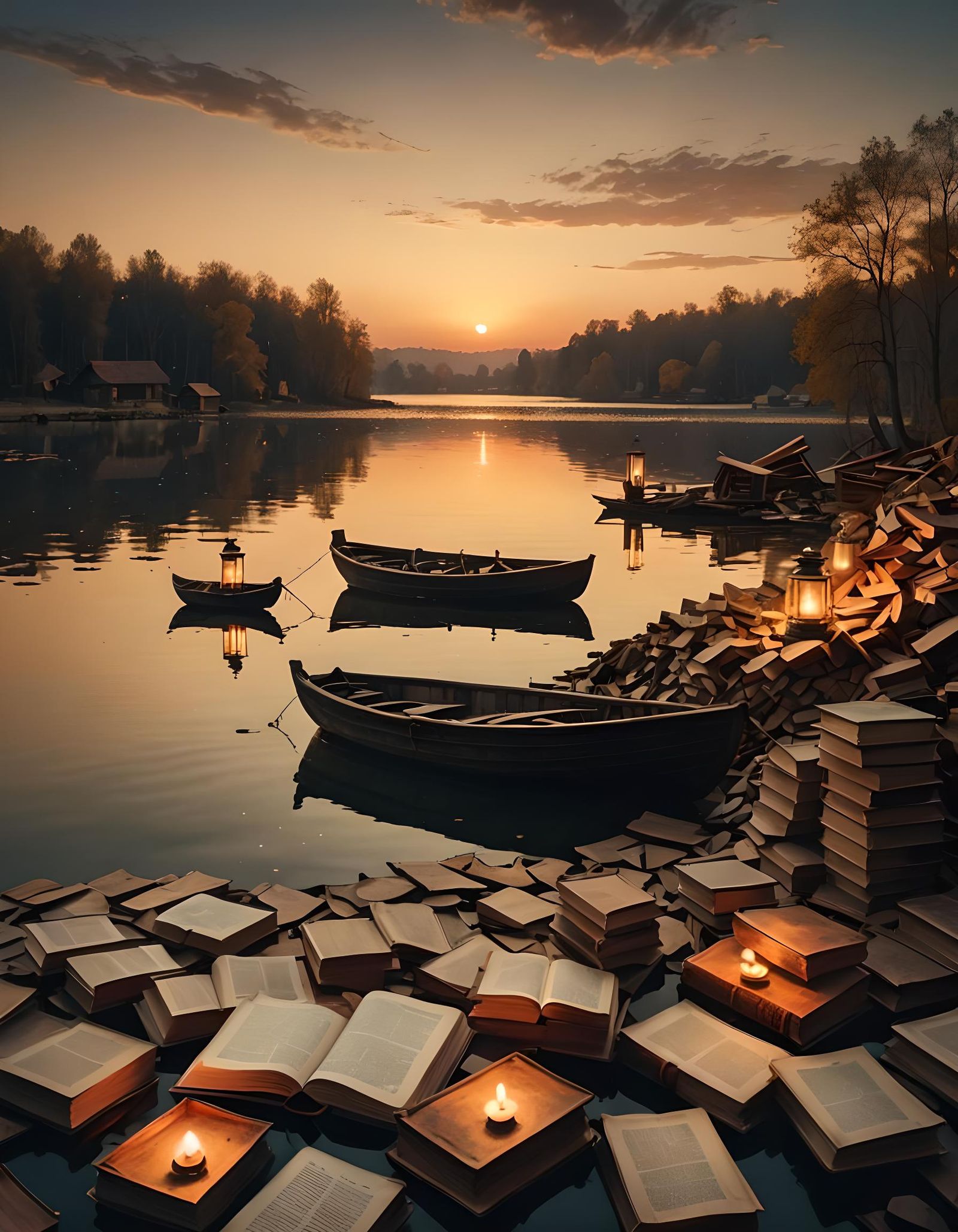 Sunset Lake Library: Abstract Oil Lamp Scene