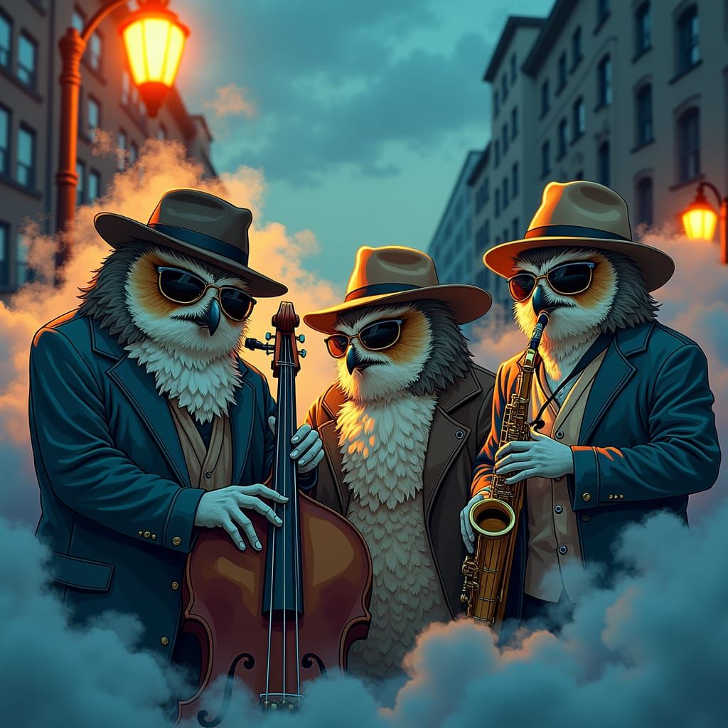Owl Jazz Band in Anime Style at Dusk