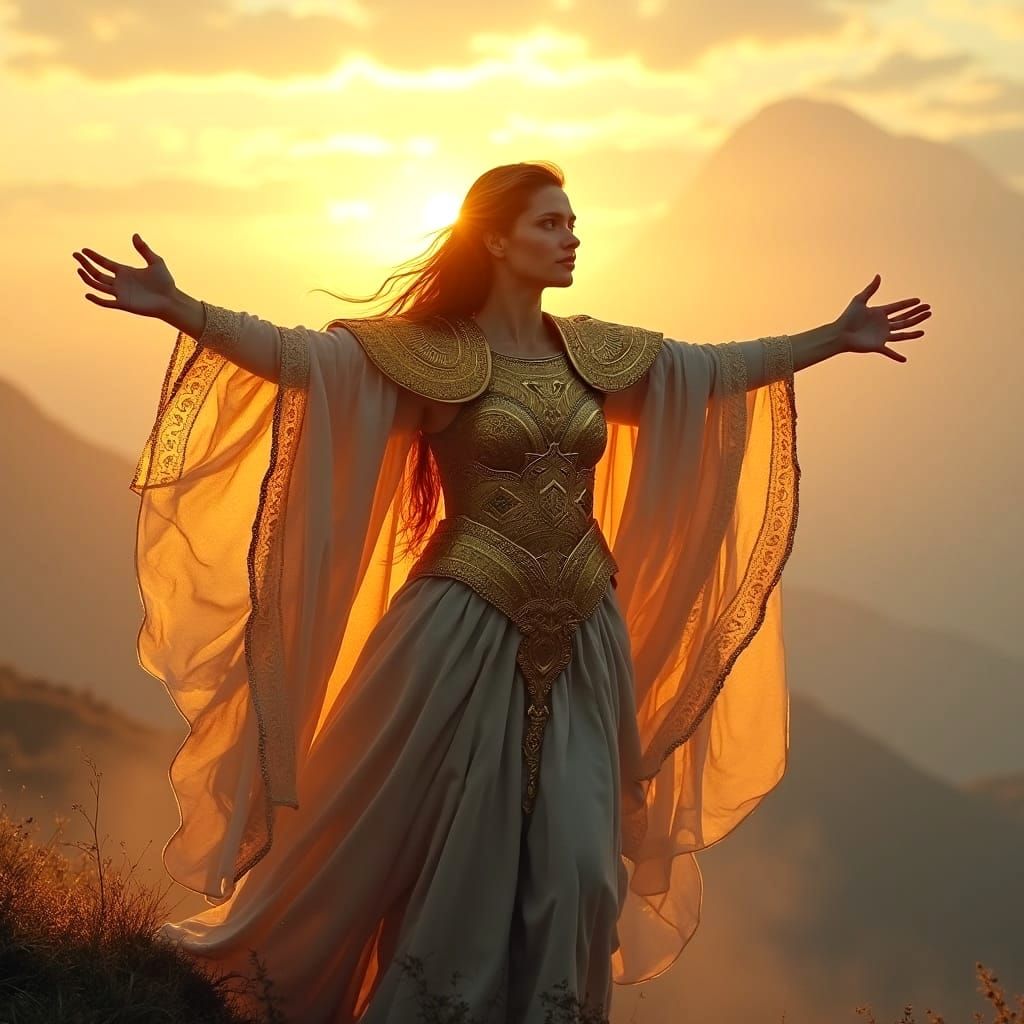 Regal Norse Goddess Awakens the World in Vibrant Dawn Light