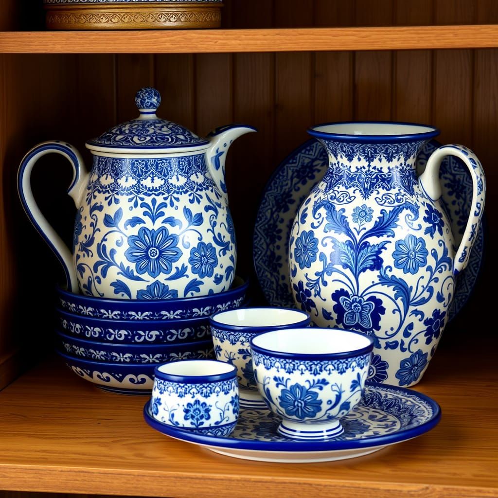 Blue and White Polish Pottery with Folk Patterns