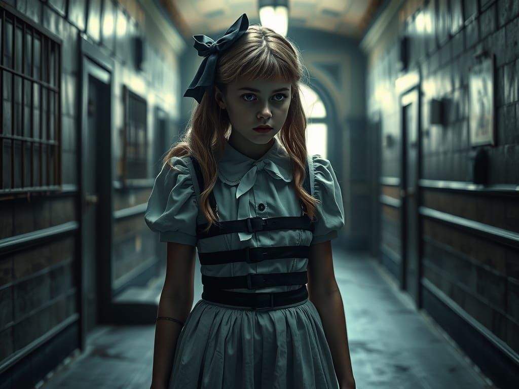 Surreal Victorian Asylum Scene with Hyper-Realistic Alice in...
