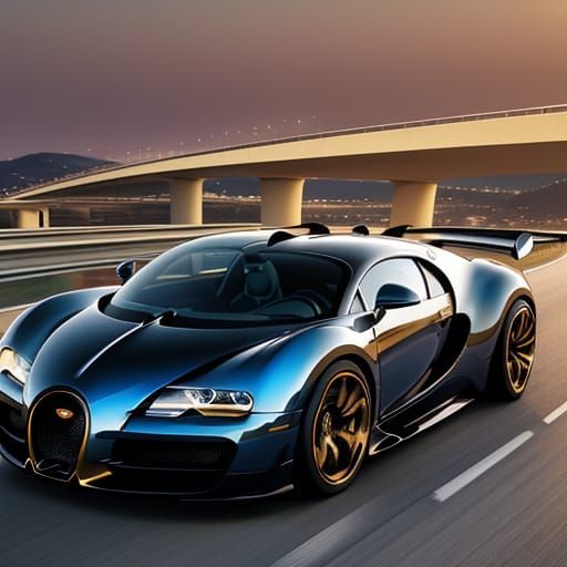Bugatti Hypercar Speeds Down Highway at Sunset