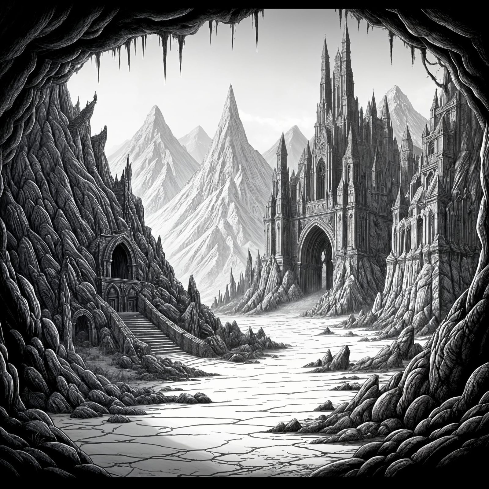 Epic Dark Fantasy Landscape in Sketchy Doodle Style