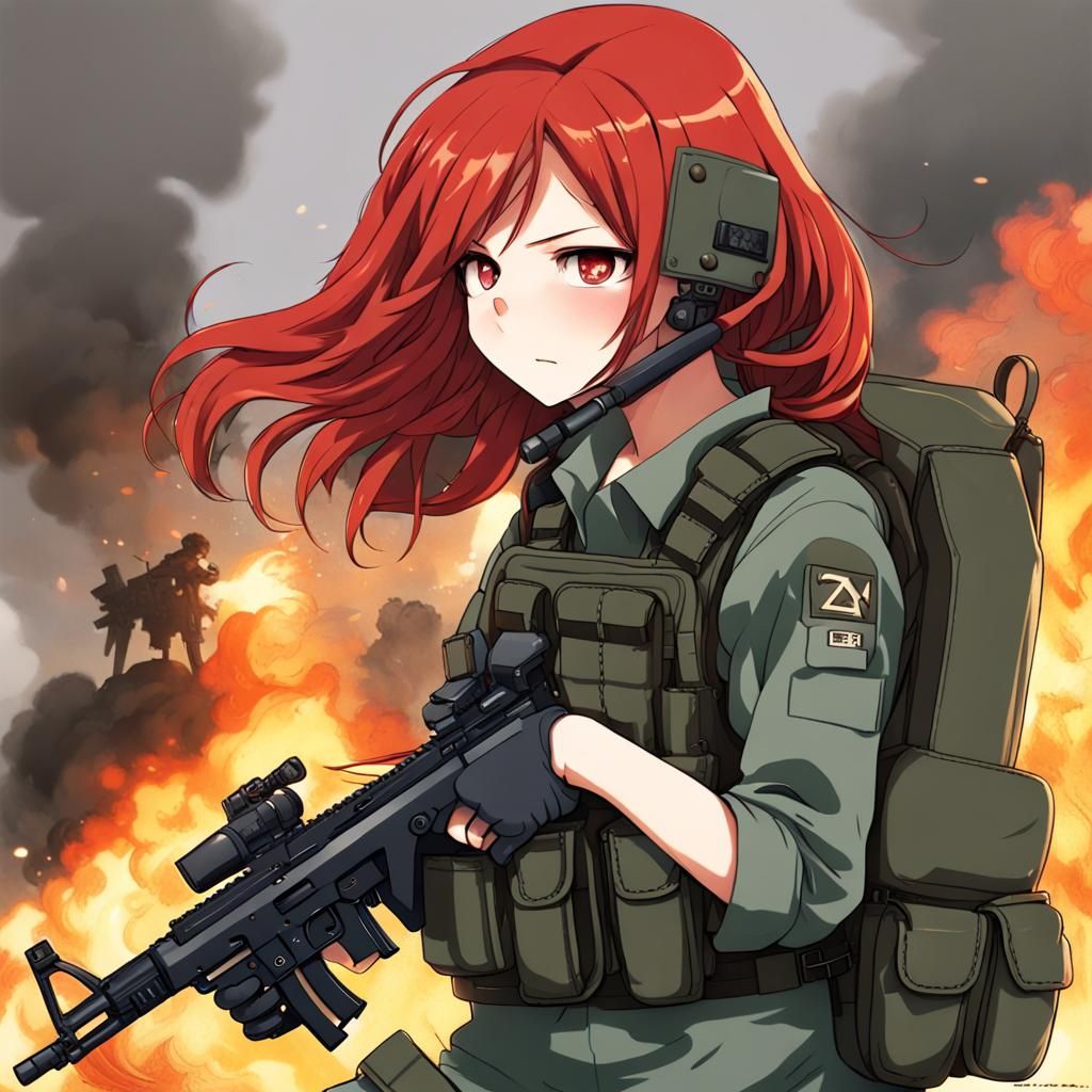 Red-Haired Warrior Girl in Anime Style Combat