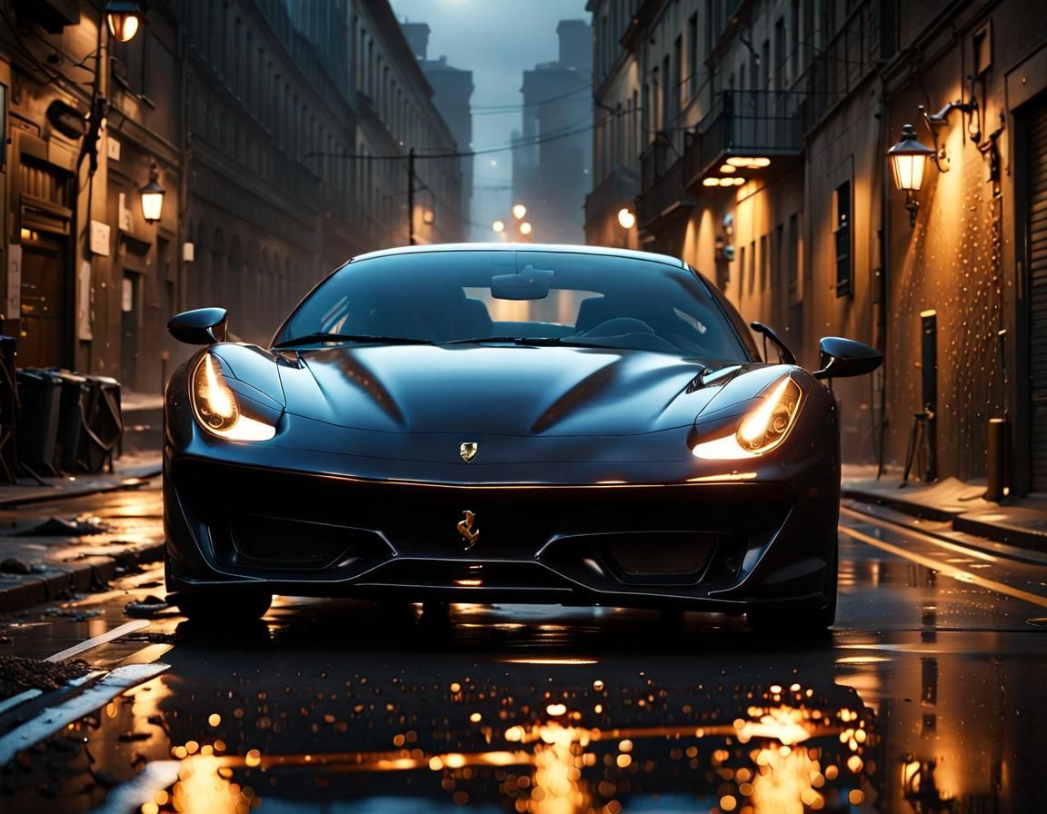 Matte Black Ferrari with Golden Headlights