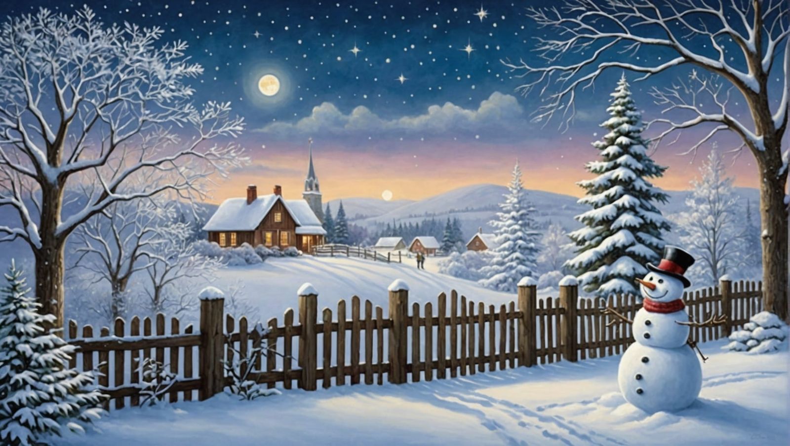 Dreamy Winter Night Landscape with Snowmen