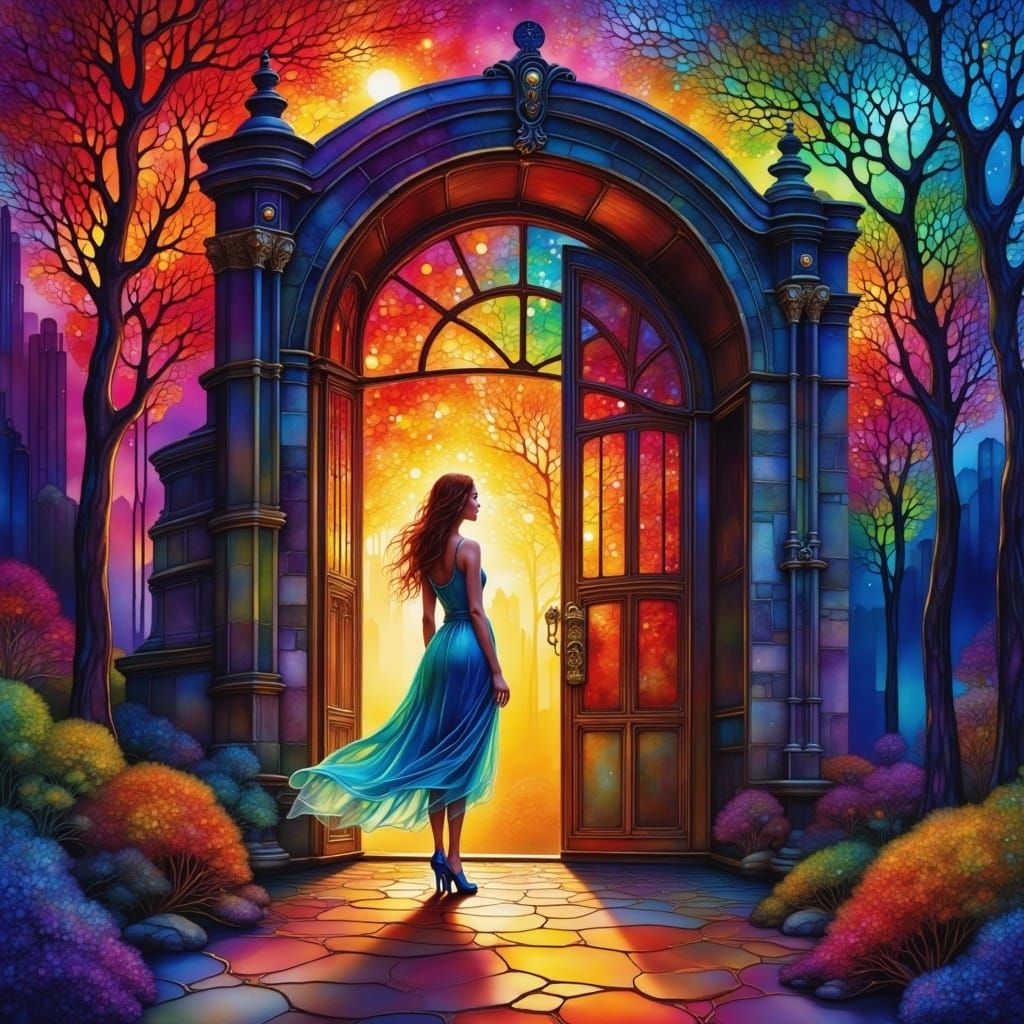 Surrealist Muse Emerges from Darkness into Vibrant Light