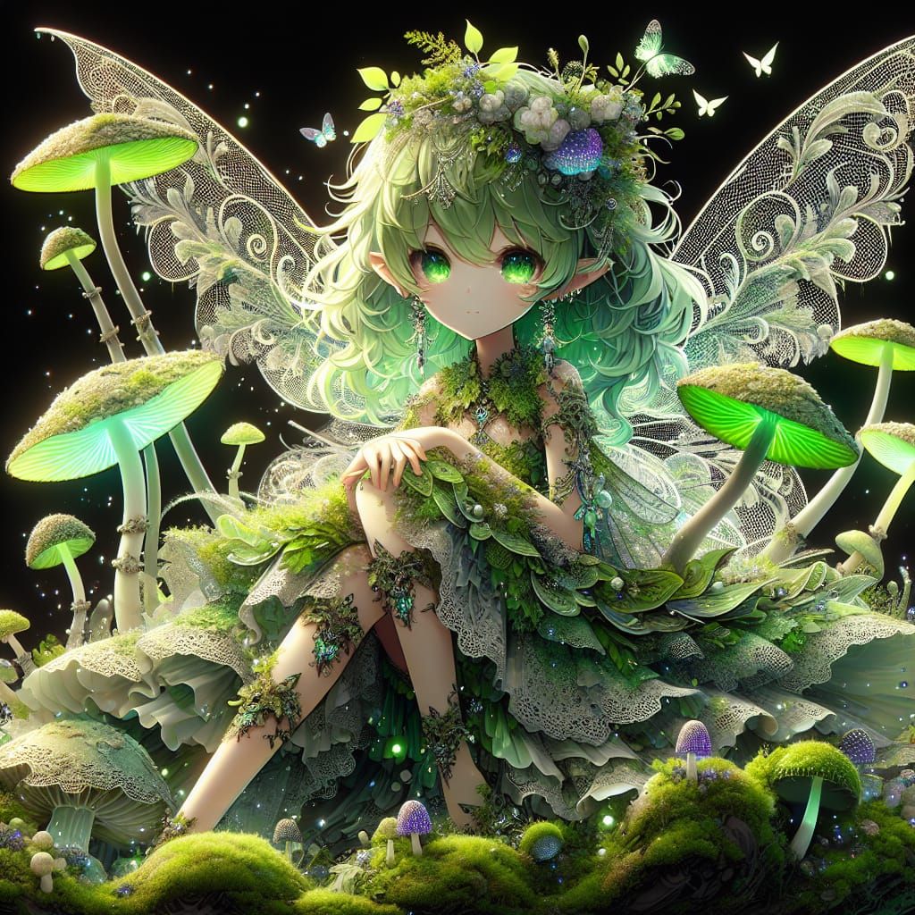 Lichen-Adorned Anime Fairy in Fantasy Landscape