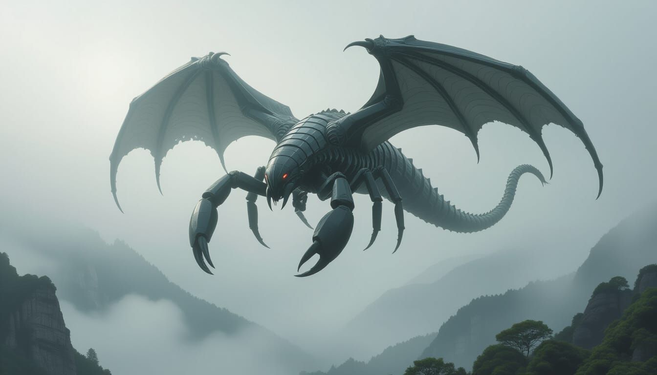 Biomechanical Scorpion Monster Soaring in Ominous Skies