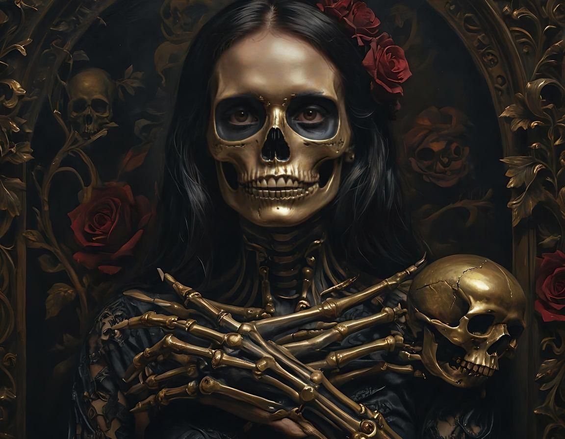 a woman with  black gold skull and a skeleton