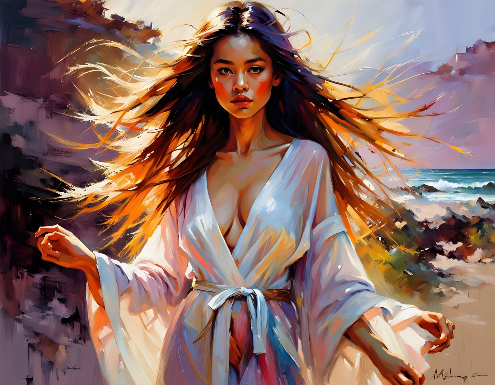 Filipino Woman in Silk Robe, Embarrassed Expression