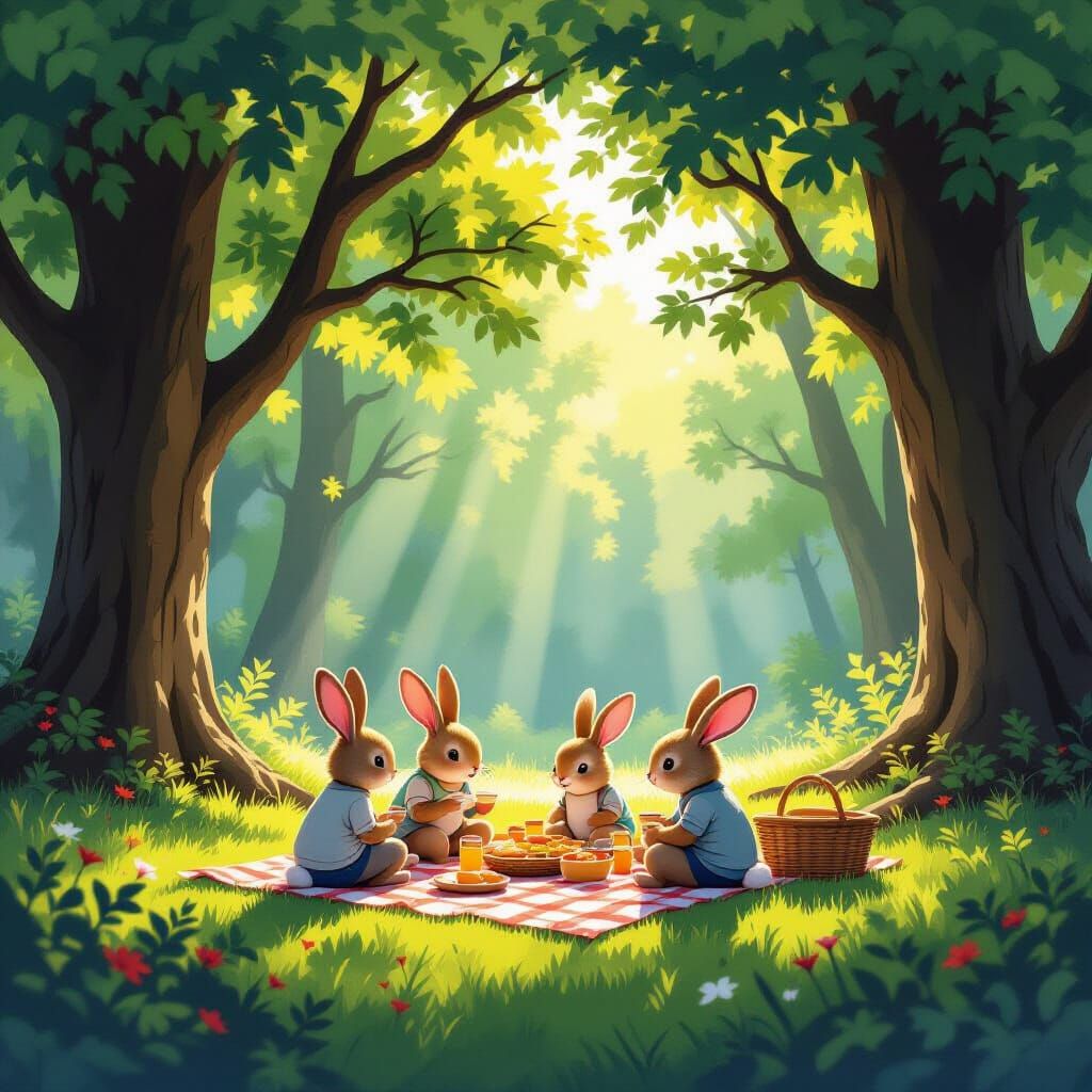 Rabbits Picnic in Sunlit Forest Clearing - Impressionist Sty...