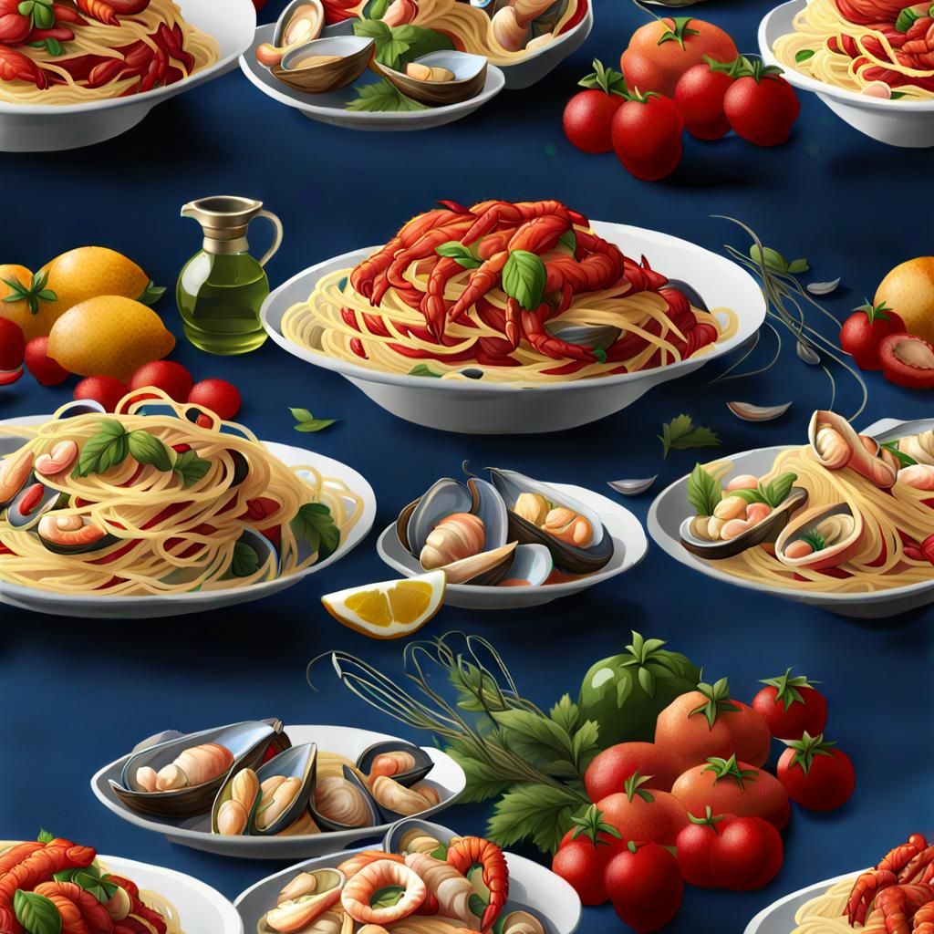 Italian Spaghetti with Frutti di Mare, Digital Art