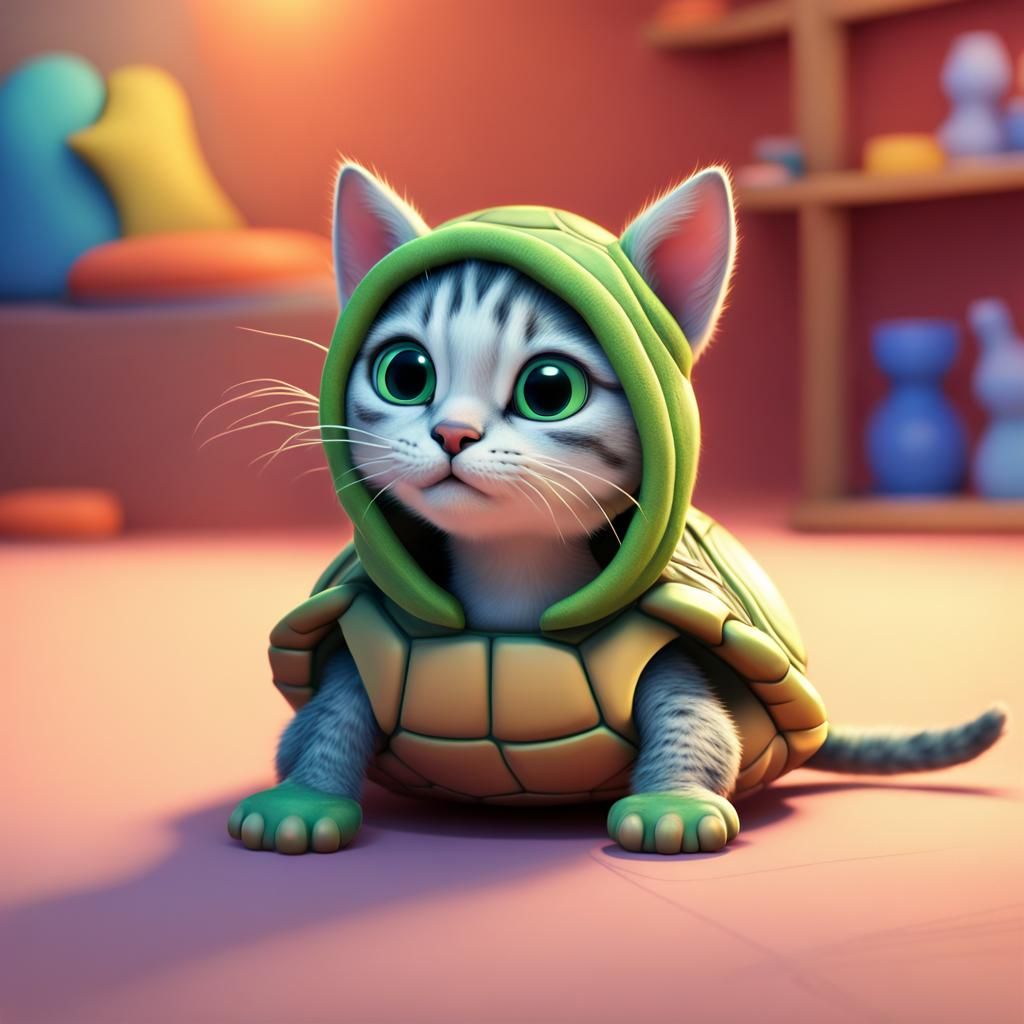 Kitten in Turtle Onesie as 3D Digital Art