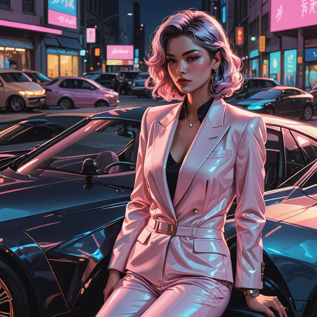 80s Mafia Woman in Neon Pastel Anime Style