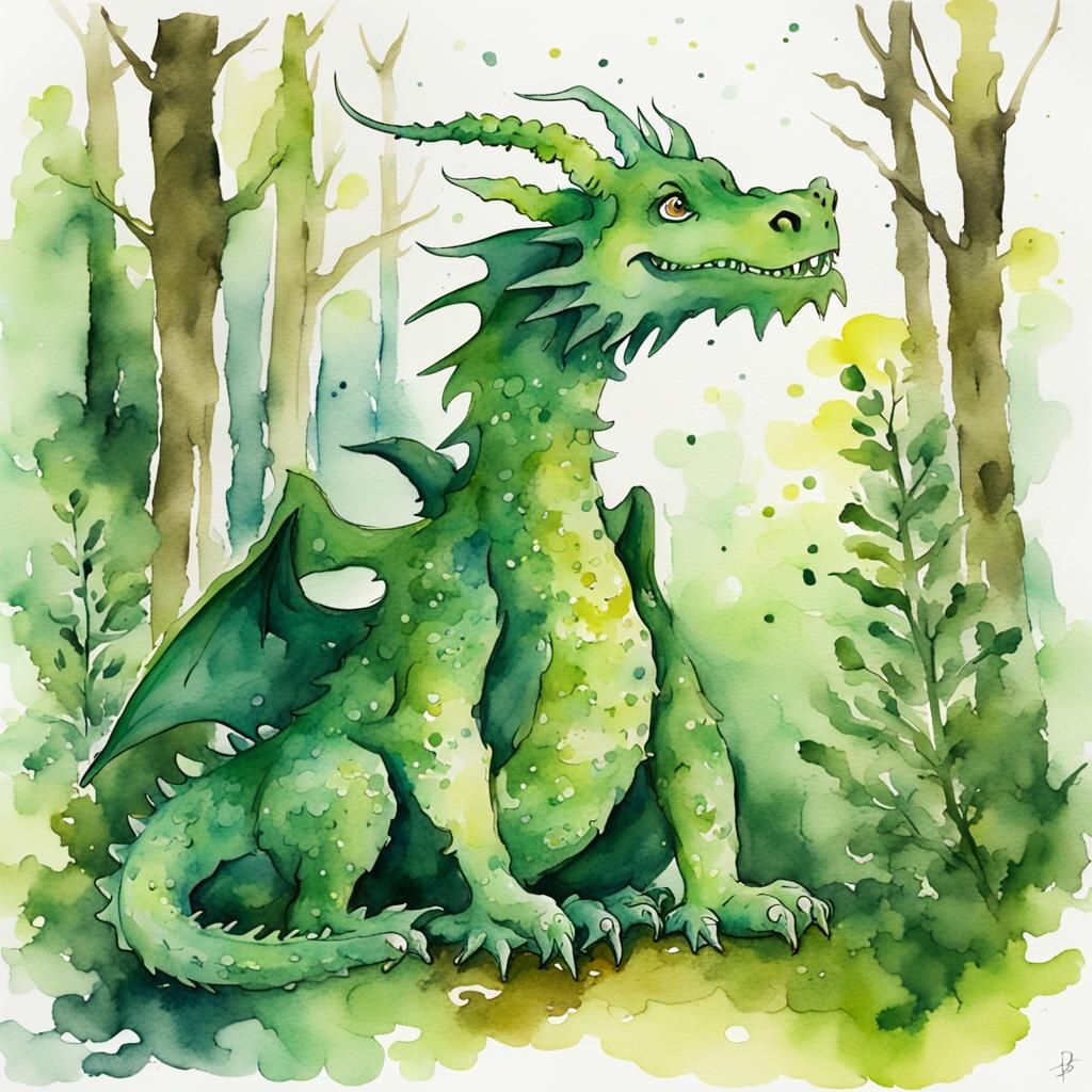 Green Dragon in Forest, Quentin Blake Watercolor