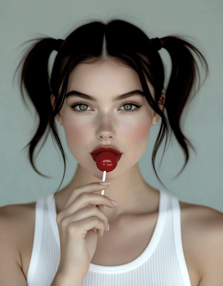 Confident Woman with Pigtails Sucking Tootsie Pop