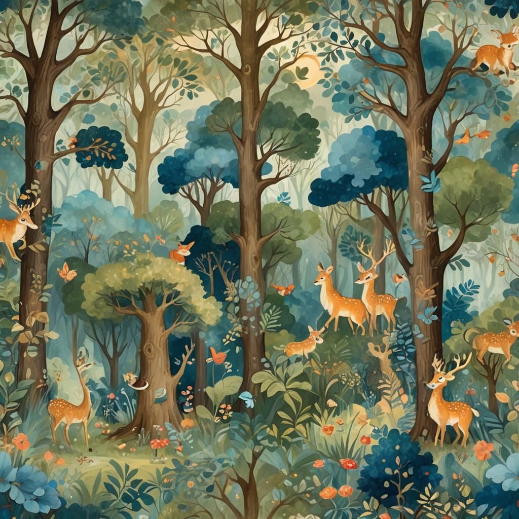 Fantasy Nursery Wallpaper: Magical Forest in Oil Painting St...