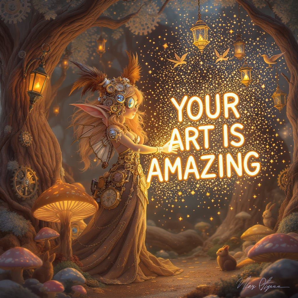 Steampunk Elf with Mechanical Wings in Enchanted Forest