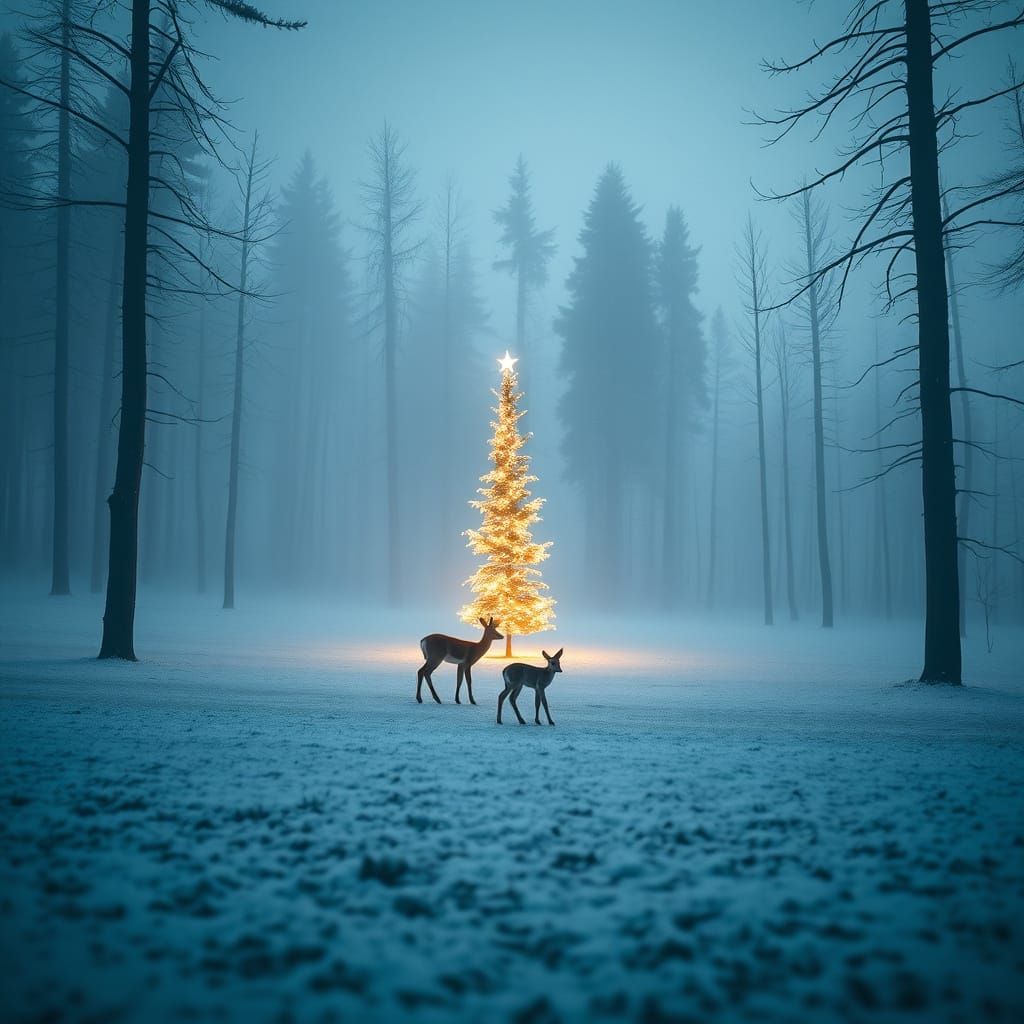 Winter Clearing with Illuminated Tree and Fawn