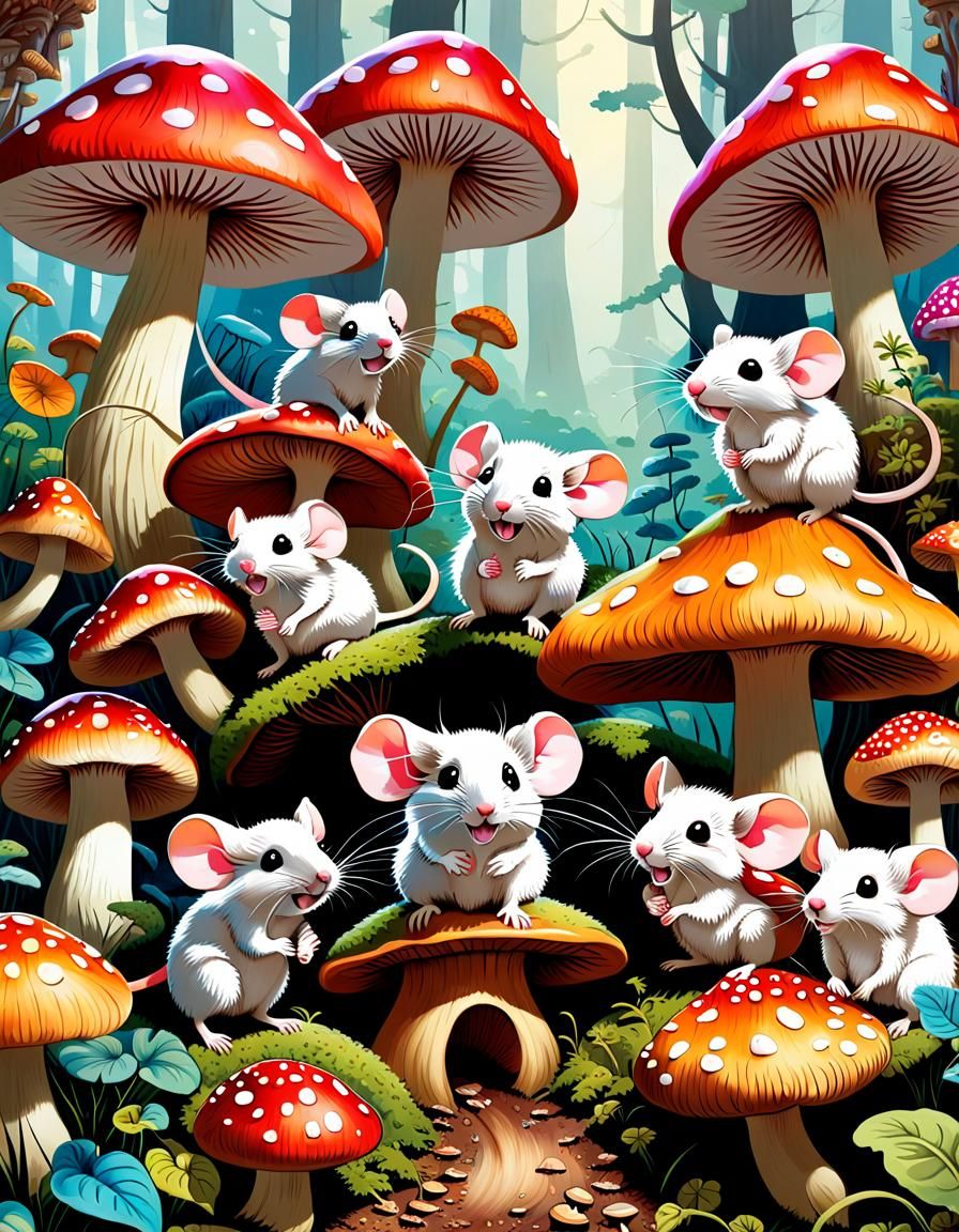 Mice's Mushroom Hide-and-Seek: Ink Painting